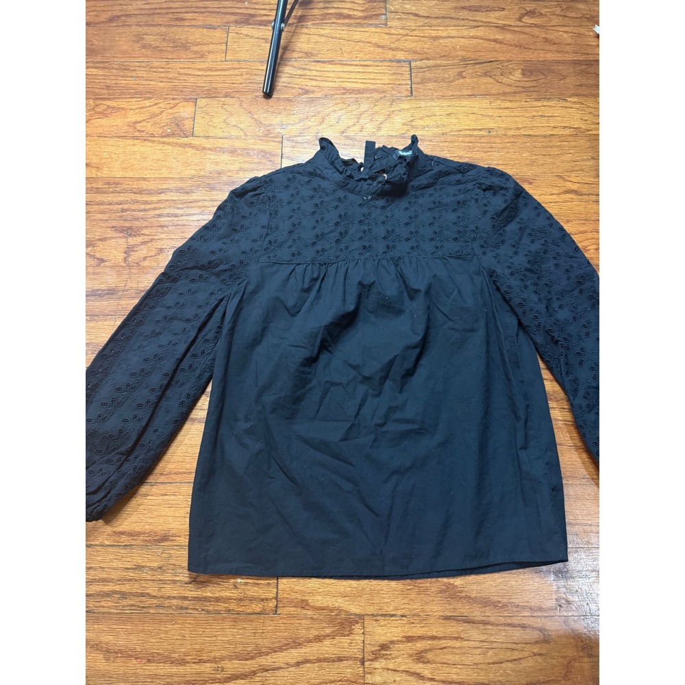 Madewell Black Eyelet Yoke Ruffle Neck Long Sleeve Blouse XS